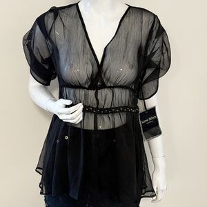 Y2K Love Stitch Black Sheer Short Sleeve Blouse w Silver Studs Around the Waist
